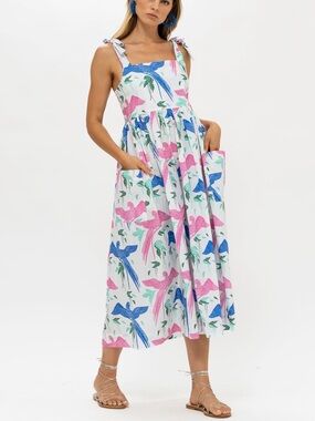 OLIPHANT White Pink Blue Tie Strap Macaw Blue Pocket Midi Dress Sz XS